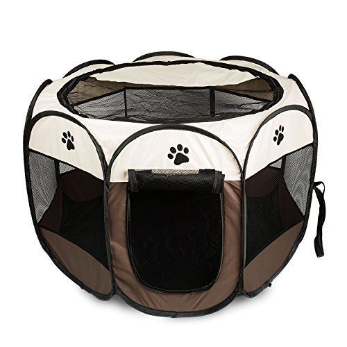 BIGWING Style Parque Mascota de Juego Entrenamiento Dormitorio Perro Gato Conejo Octágono Plegable Lavable Durable 91x 91x 58 CM, Blanco y Café