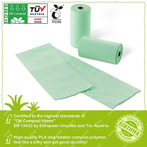 BIOOK Bolsas Caca Perro 100% Biodegradable con 1 Dispensador, Materiales Basados en PLA y Compostables Premium Ecológico, Fuertes, Resistente a Fugas, Sin Perfume, EN13432 y Ok Compost Certificación