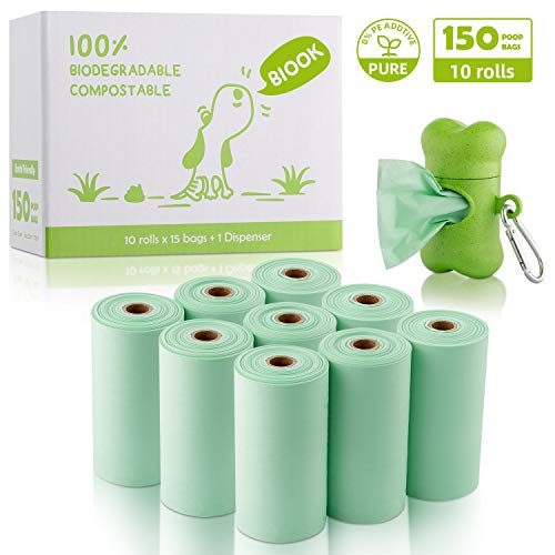 BIOOK Bolsas Caca Perro 100% Biodegradable con 1 Dispensador, Materiales Basados en PLA y Compostables Premium Ecológico, Fuertes, Resistente a Fugas, Sin Perfume, EN13432 y Ok Compost Certificación