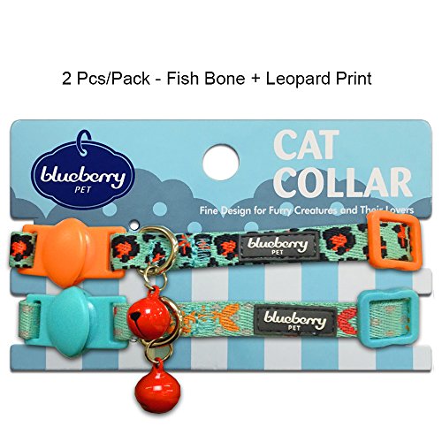 Blueberry Pet Pack of 2 Cat Collars, Hunting Expedition with Fish Bone and Leopard Print Adjustable Breakaway Cat Collar with Bell, Neck 23cm-33cm