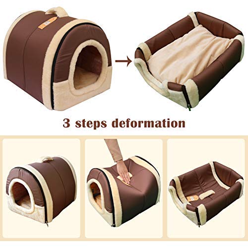 Cama/Caseta Perro Gato Interior 2 en 1, Casa Mascota Grande o Pequeño, Lavable Plegable Portátil, Cueva de Viaje para Perros Medianos Pequeños y Gatos (L:60cmx45cmx45cm, Marron)