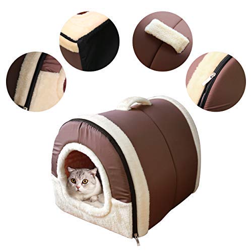 Cama/Caseta Perro Gato Interior 2 en 1, Casa Mascota Grande o Pequeño, Lavable Plegable Portátil, Cueva de Viaje para Perros Medianos Pequeños y Gatos (L:60cmx45cmx45cm, Marron)