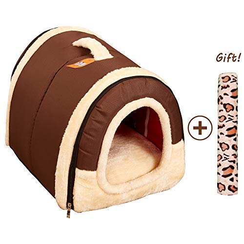 Cama/Caseta Perro Gato Interior 2 en 1, Casa Mascota Grande o Pequeño, Lavable Plegable Portátil, Cueva de Viaje para Perros Medianos Pequeños y Gatos (L:60cmx45cmx45cm, Marron)