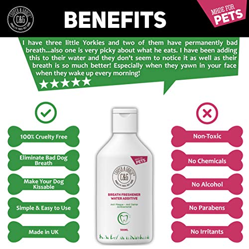 C&G Pets | REFRESCANTE DE Aliento ADITIVO DE Agua 500ML | 100% Natural | Anti Placa Anti TÁRTARO | Elimina EL Mal Olor | Enjuague BUCAL DE Olor Fresco | Mejor para EL Perro Y EL Gato