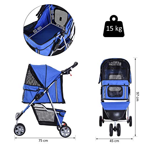 Cochecito Plegable Mascotas 75x45x97cm Perro Gato Carrito Ruedas Giran 360º Azul