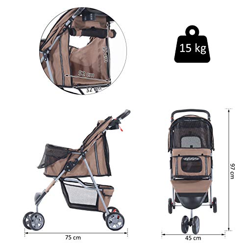 Cochecito Plegable Mascotas 75x45x97cm Perro Gato Carrito Ruedas Giran 360º Cafe