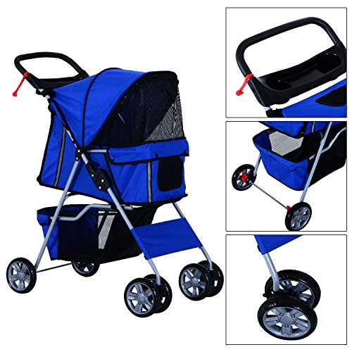 Cochecito Plegable Mascotas 75x45x97cm Perros Gatos Carrito Ruedas Giran 360º Azul