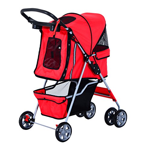 Cochecito Plegable Mascotas 75x45x97cm Perros Gatos Carrito Ruedas Giran 360º Rojo