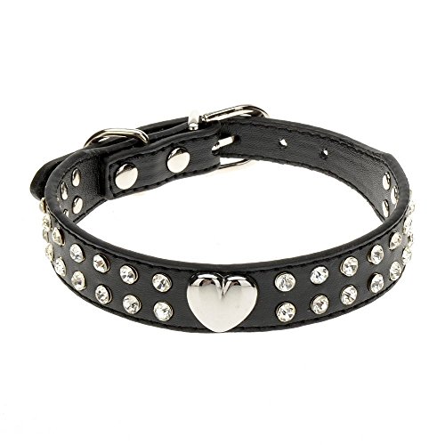 Collar de piel para perros con dos filas de diamantes de imitación y corazón llamativo tachonado, para mascotas pequeñas o medianas