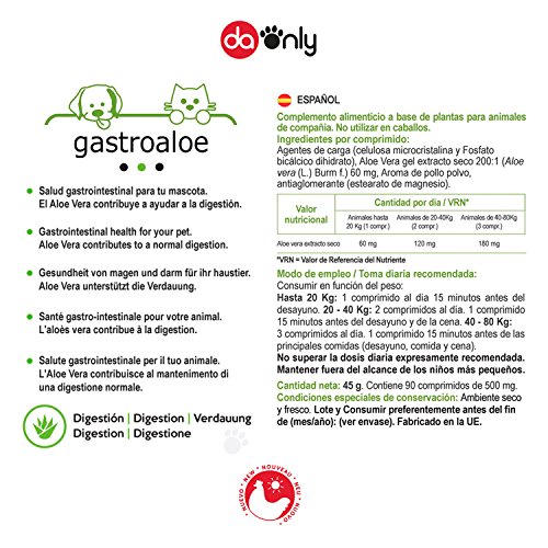 DAONLY Salud gastrointestinal para tu Mascota, indicado para intestino Irritable, Gusanos intestinales, Alternativa Natural a los medicamentos para Perros, Aloe Vera para Gatos y Perros (Sabor Pollo)