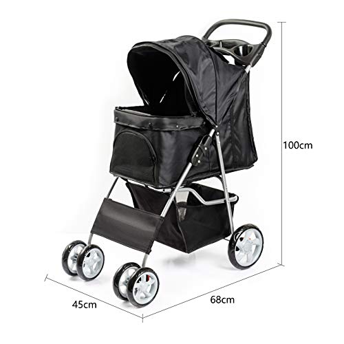 Dawoo Carrito para Mascotas De 4 Ruedas para Gatos/Perros, Carrito De Jogging Fácil De Plegar, con Canasta De Almacenamiento y Portavasos (Negro)