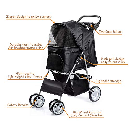 Dawoo Carrito para Mascotas De 4 Ruedas para Gatos/Perros, Carrito De Jogging Fácil De Plegar, con Canasta De Almacenamiento y Portavasos (Negro)