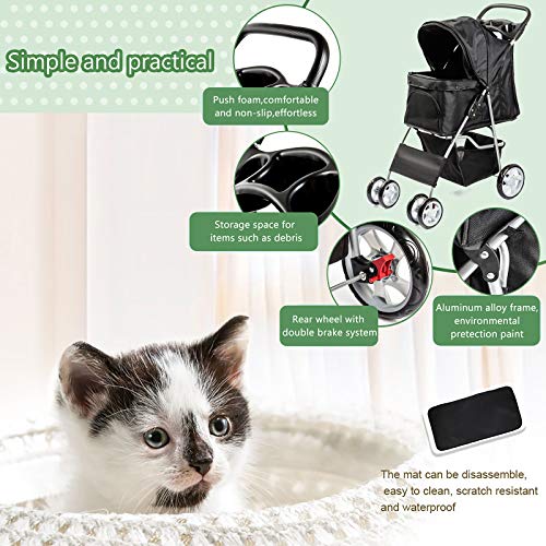 Dawoo Carrito para Mascotas De 4 Ruedas para Gatos/Perros, Carrito De Jogging Fácil De Plegar, con Canasta De Almacenamiento y Portavasos (Negro)