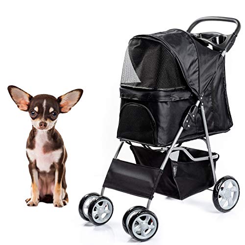 Dawoo Carrito para Mascotas De 4 Ruedas para Gatos/Perros, Carrito De Jogging Fácil De Plegar, con Canasta De Almacenamiento y Portavasos (Negro)