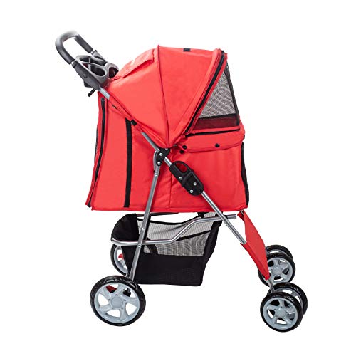 Dawoo Carrito para Mascotas De 4 Ruedas para Gatos/Perros, Carrito De Jogging Fácil De Plegar, con Canasta De Almacenamiento y Portavasos (Rojo)