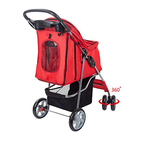 Dawoo Carrito para Mascotas De 4 Ruedas para Gatos/Perros, Carrito De Jogging Fácil De Plegar, con Canasta De Almacenamiento y Portavasos (Rojo)