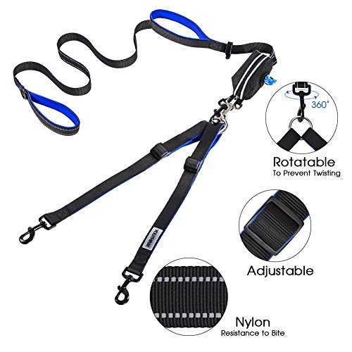 Doble Correa para Perros, Correa Ajustable de 200 cm para 2 Perros con 1 Control A Rayas y Bolsa de Bolsillo Ideal para Correr y Andar