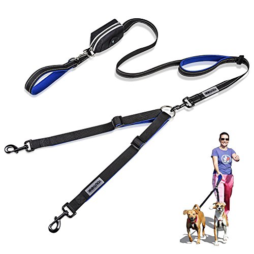 Doble Correa para Perros, Correa Ajustable de 200 cm para 2 Perros con 1 Control A Rayas y Bolsa de Bolsillo Ideal para Correr y Andar