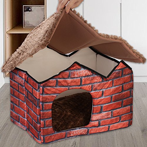 DoubleBlack Cama Caseta Casa Tela para Perros Gatos Plegable Cojines Casitas Mascota Iglu Pequenos Colchon Habitacion Interior Patrón de Ladrillo