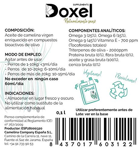 Doxel Senior-500ml Aceite para perros| Suplemento| Antiinflamatorio| Anti envejecimiento| Articulaciones sanas| Sistema inmunitario| Ácidos grasos Omega 3 6 9| Vitamina E| Masa muscular|Perros mayores