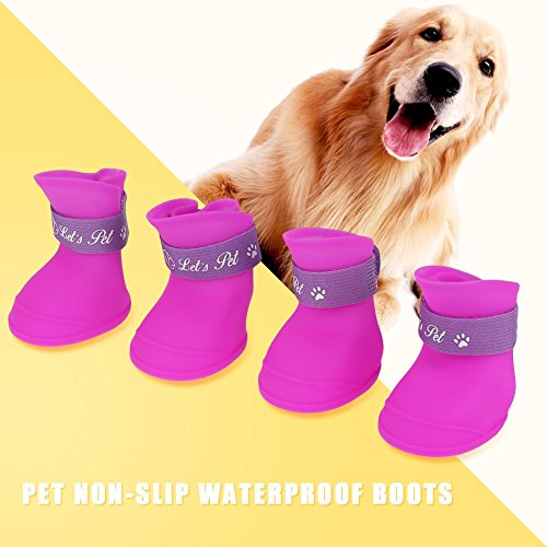 Fdit 4Pcs Lluvia Zapatos Perro Mascota de Silicona Impermeable Antideslizante Zapatos de Lluvia de Protección para Perros Pequeños Animales(L púrpura)