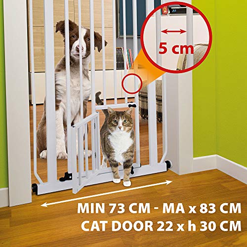 Ferplast Barrera de separación para Perros y Gatos Pet Gate Barrera de Interior, Valla, Robusto Metal Pintado Blanco y plástico, Cierre de Seguridad, Abre en los Dos sentidos, 73 x h 105 cm