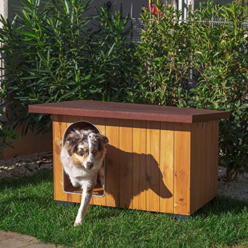 Ferplast Caseta de exterior para perros BAITA 80, Madera ecosostenible, Pies aislantes, Puerta con perfil de aluminio resistente a las mordeduras, Techo abrible, 102 x 70 x h 65,5 cm