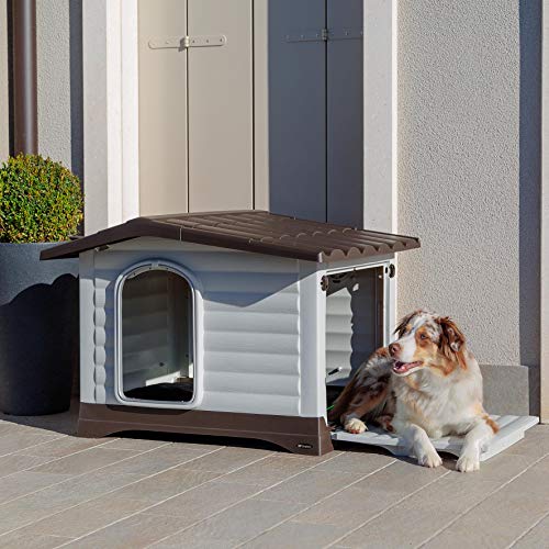 Ferplast Caseta para perros de exterior DOGVILLA 90, Pared lateral abatible, Sistema de drenaje de líquidos, Rejilla de ventilación, Puerta con perfil de aluminio, 88 x 72 x h 65 cm