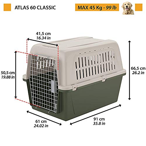 Ferplast Transportín para Perros Grandes Atlas 60 Classic, con comedero Incluido, Puerta de Acero plastificado, Cierre de Seguridad, Rejillas de ventilación, 61 x 91 x h 66,5 cm Verde