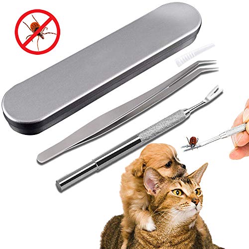 Herramientas de eliminación de garrapatas, Acero Inoxidable Pinzas para garrapatas pulgas garrapatas Remover Kit para Pet Perros Gatos Hombre(1 Gancho garrapatas+1 Pinza garrapatas+1 caja de hierro)