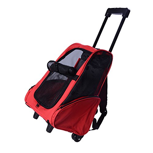 HOMCOM PawHut Transportin Carrito Perro 2 en 1 Mochila Carrito 35x27x49 cm Mascotas Perro Gato Rojo