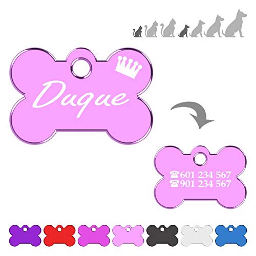 Hueso para Mascotas Muy pequeñas Grabado con Corona Placa Chapa Medalla de identificación Personalizada para Collar Perro Gato Mascota grabada (Rosa)