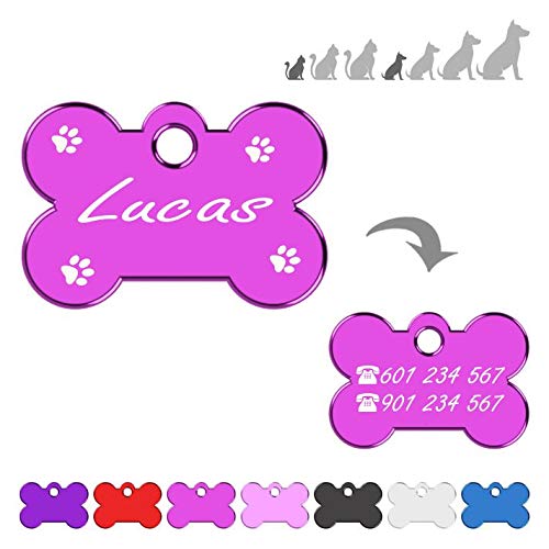 Hueso para Mascotas Muy pequeñas Grabado con Patas Placa Chapa Medalla de identificación Personalizada para Collar Perro Gato Mascota grabada (Fucsia)