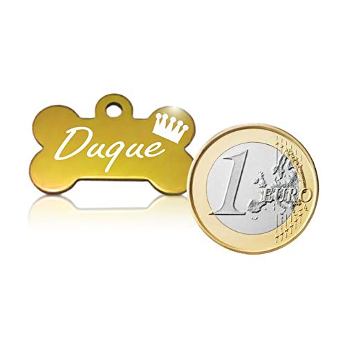 Hueso para Mascotas pequeñas-Medianas con Corona Placa Chapa Medalla de identificación Personalizada para Collar Perro Gato Mascota grabada (Dorado)