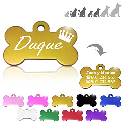 Hueso para Mascotas pequeñas-Medianas con Corona Placa Chapa Medalla de identificación Personalizada para Collar Perro Gato Mascota grabada (Dorado)