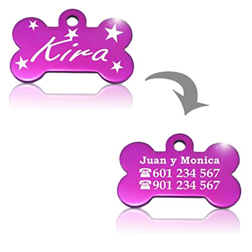 Hueso para Mascotas pequeñas-Medianas con Estrellas Placa Chapa Medalla de identificación Personalizada para Collar Perro Gato Mascota grabada (Fucsia)