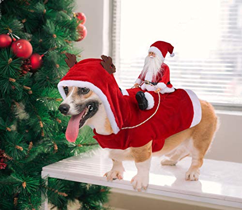 Idepet Trajes para Perros Navidad, Disfraz de Gato Navidad con Papá Noel Montado en Mascota Gato Perro Abrigo Rojo (S)