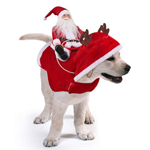 Idepet Trajes para Perros Navidad, Disfraz de Gato Navidad con Papá Noel Montado en Mascota Gato Perro Abrigo Rojo (S)