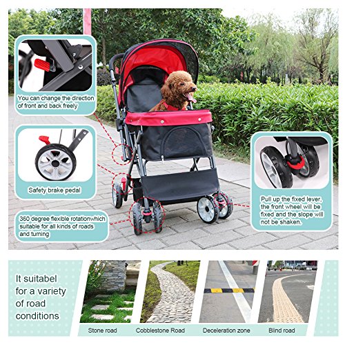 IREENUO Carrito para Mascotas Plegable para Perros Gatos con Cuatro Ruedas Rueda Delantera a Prueba de Golpes Rotación de 360 Grados Mascota Carrito de Viaje para 30 kg (Rojo)