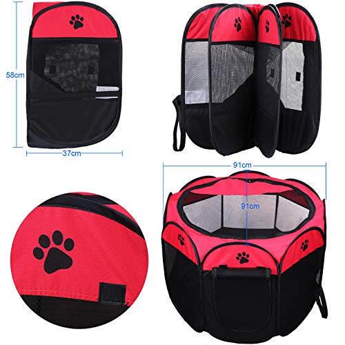 KEESIN Tienda de Campaña Plegable para Mascotas con 8 Paneles de Malla, para Perro, Gato, Conejo ,91*91*58cm Rosso