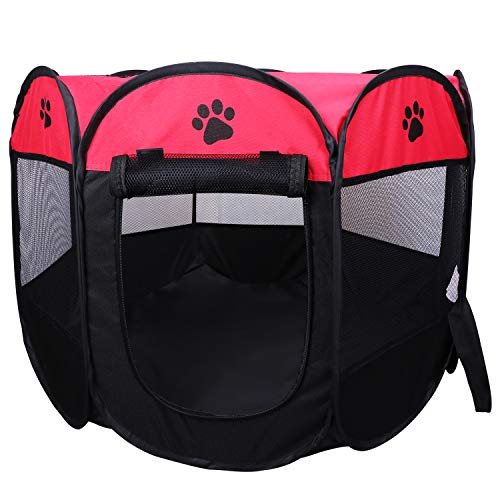 KEESIN Tienda de Campaña Plegable para Mascotas con 8 Paneles de Malla, para Perro, Gato, Conejo ,91*91*58cm Rosso