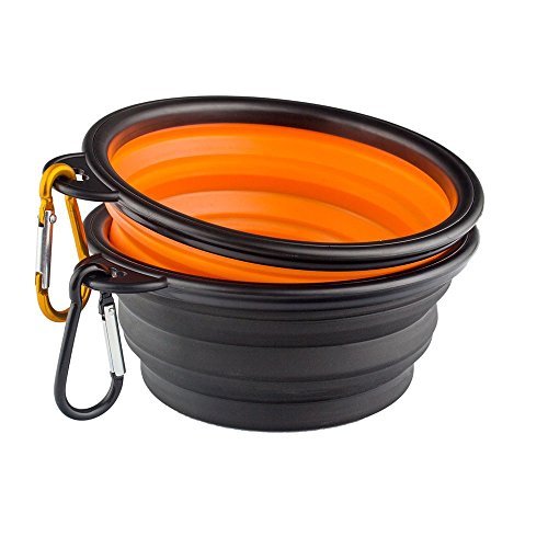 KEKU 2-Pack Plegable del Recorrido Perro Bowl, Silicona Comedero portátil Pet Food Agua de la Taza, Plato Plegable Extensible Copa para los Animales domésticos, Aprobado por la FDA. [Negro y Naranja]