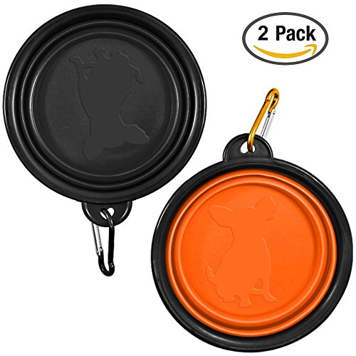 KEKU 2-Pack Plegable del Recorrido Perro Bowl, Silicona Comedero portátil Pet Food Agua de la Taza, Plato Plegable Extensible Copa para los Animales domésticos, Aprobado por la FDA. [Negro y Naranja]