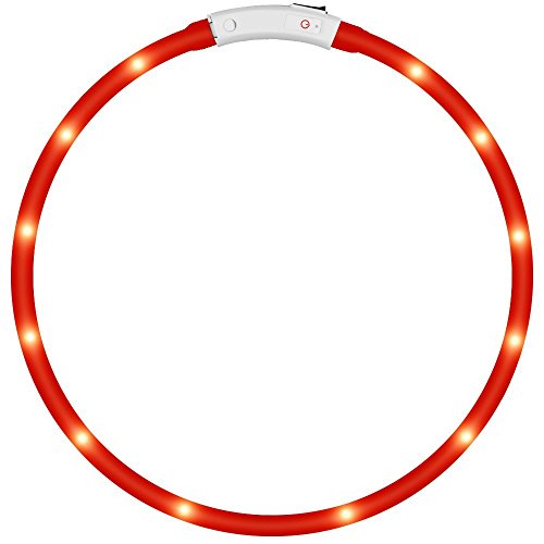 KEKU LED Collar de Perro de Mascota, llevó USB Recargable Collar de Seguridad para Mascotas Impermeable hasta la Longitud de 50 cm (19.5in) Collar de Destello Ajustable (Rojo)