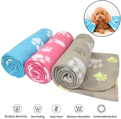 manta para mascotas con estampado de pata para perro o gato, acabado suave, manta de invierno resistente, manta de vellón acogedora cama para gato, tapete con estampado de patas 3 piezas (60 x 70 cm)