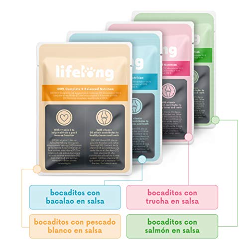 Marca Amazon - Lifelong Alimento completo para gatos adultos - Selección de pescado en salsa, 2,4 kg (24 bolsitas x 100g)