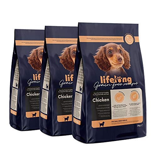 Marca Amazon - Lifelong Alimento seco completo con pollo fresco para cachorros de razas pequeñas, receta sin cereales - 3kg*3