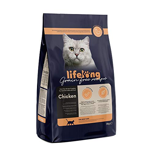 Marca Amazon Lifelong Alimento seco para gatos adultos con pllo fresco, receta sin cereales - 3kg