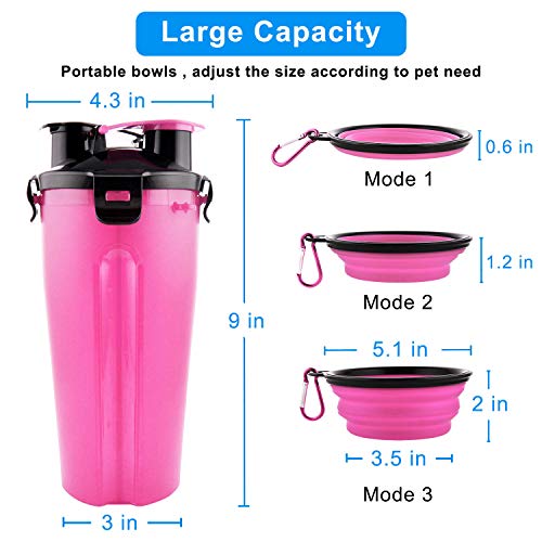 MATT SAGA Botella de Agua para Perros Portatil Envase de Comida para Perros con 2 Plegable Tazones para Perros Gatos Mascotas Adecuado para al Aire Libre Caminar Viajar (Rosa)