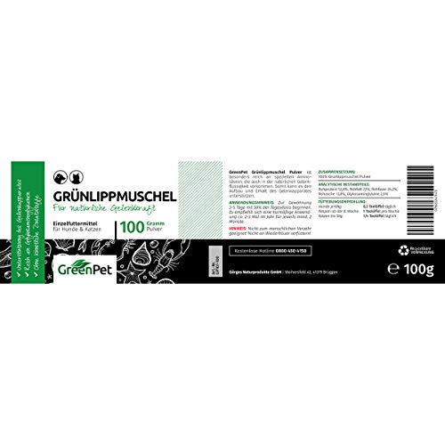 Mejillón de Labios Verdes de Nueva Zelanda para Perros y Gatos en Polvo (100gr.) | Condroprotector 100% Natural con Glucosamina | Indicado para Articulaciones y Movilidad en Perros y Gatos | GreenPet®